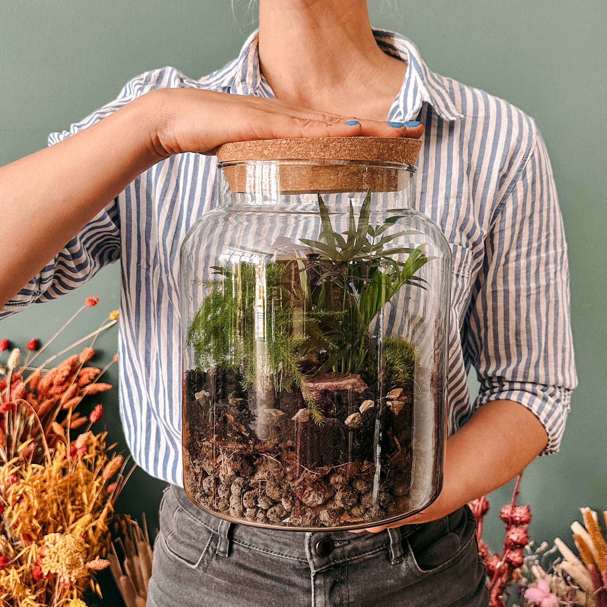 Person legt Deckel auf ein Terrariumglas.