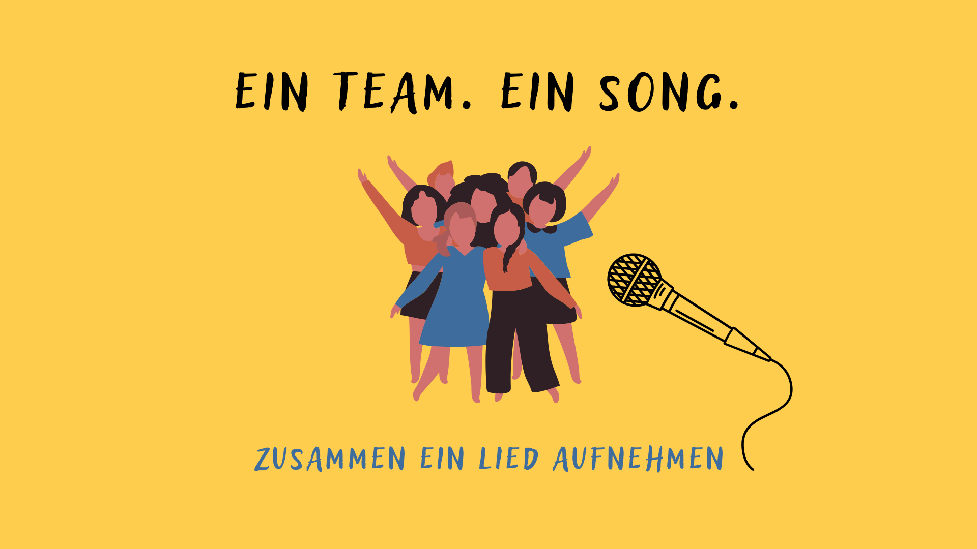 Group together with a microphone, yellow background.