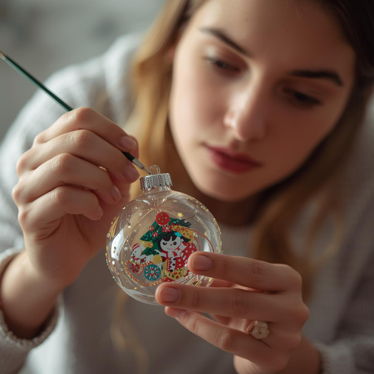 Person decorating Christmas ornament with snowman design.