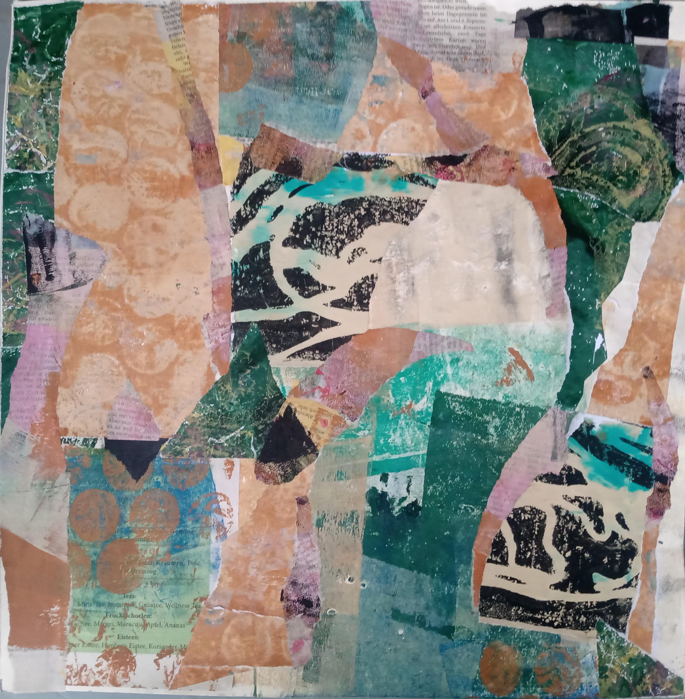 Abstract collage with colorful paper layers.