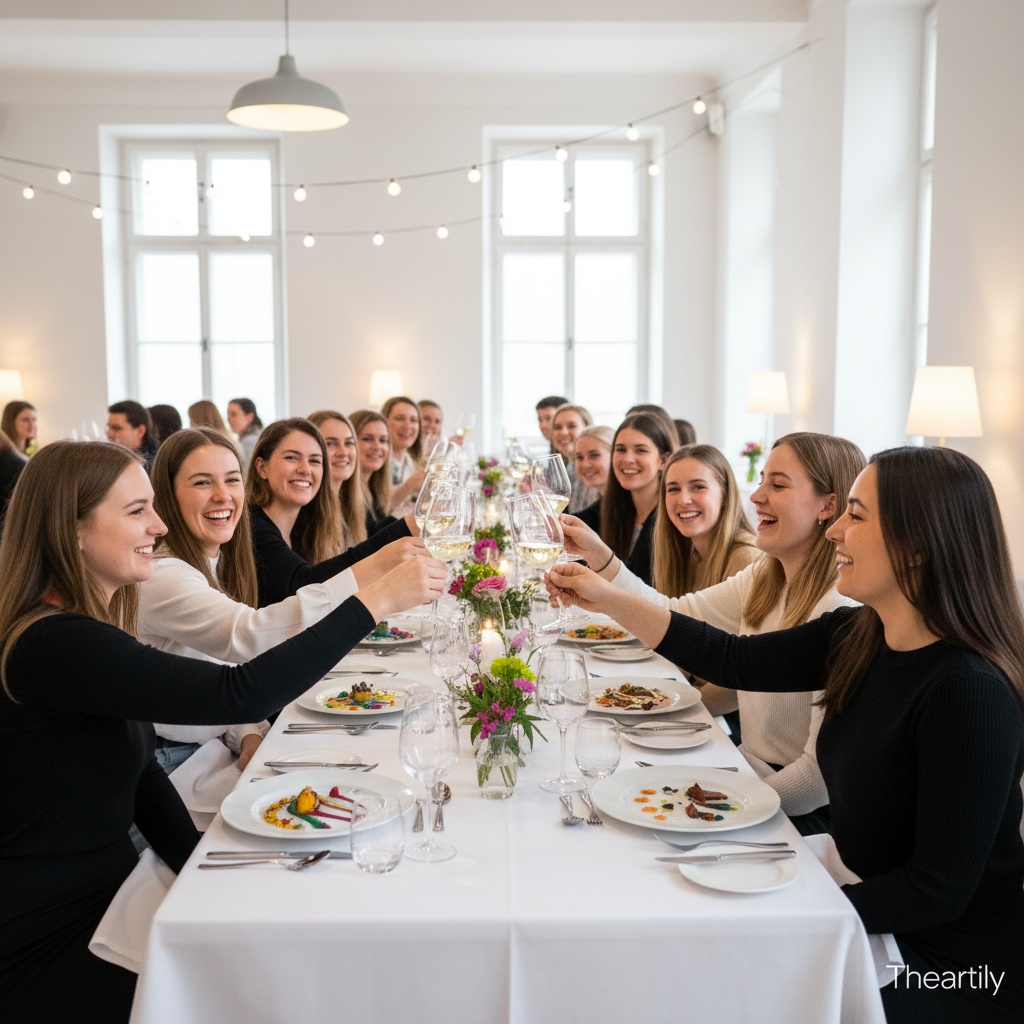 People toasting with wine at a formal dinner.