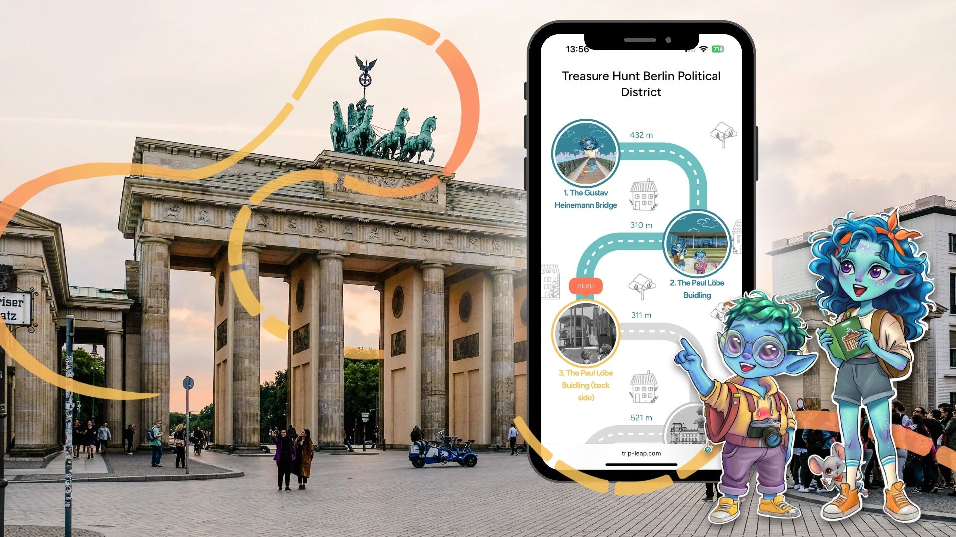 Cartoon characters beside phone, Brandenburg Gate background.
