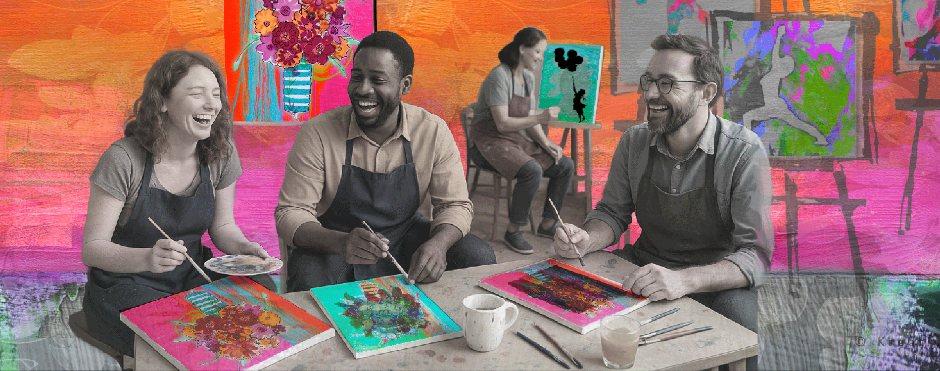 Drei Personen malen lachend im Kunststudio.
