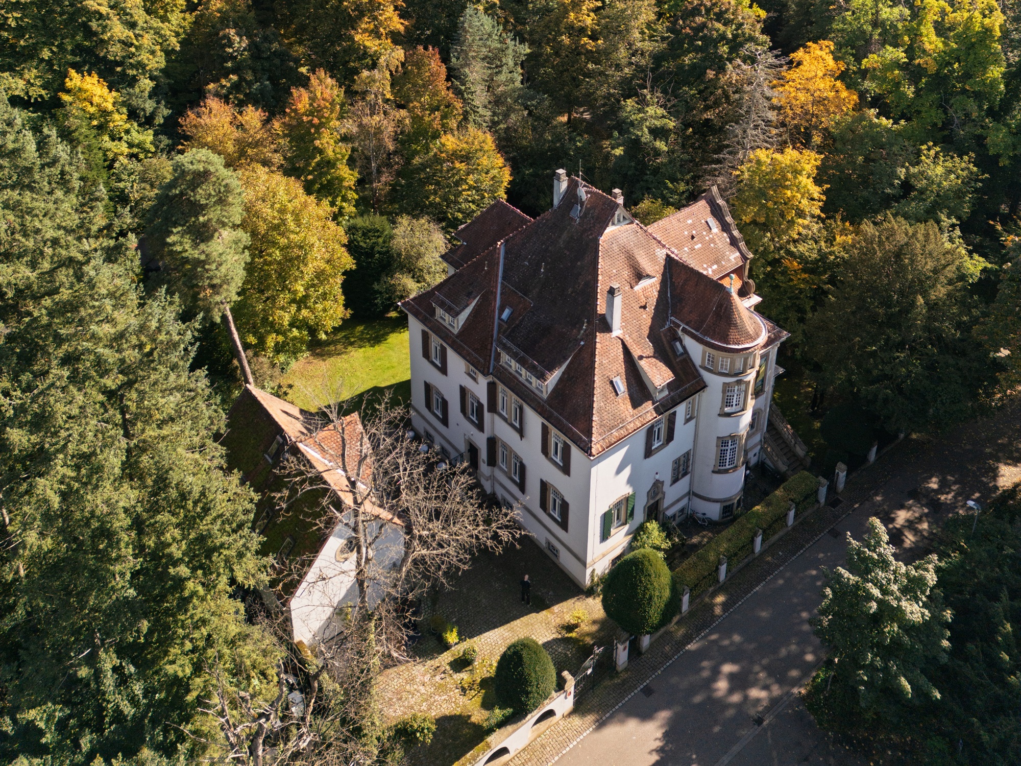 Großes Haus umgeben von Bäumen, Luftansicht.