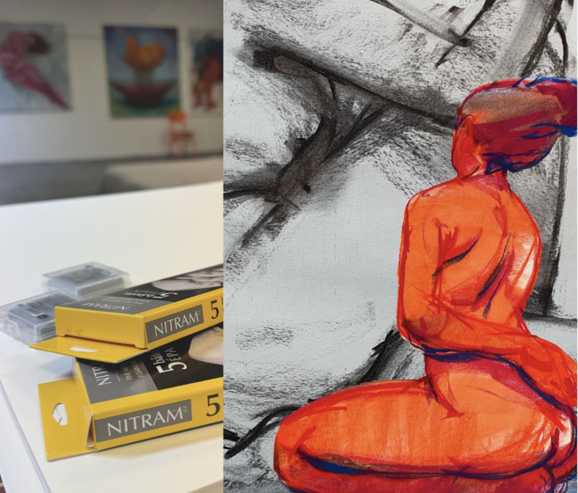 Art supplies and vibrant figure drawing in studio.