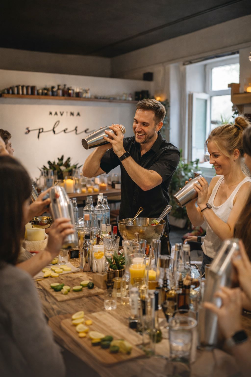 Menschen schütteln Cocktailshaker in einer Bar.