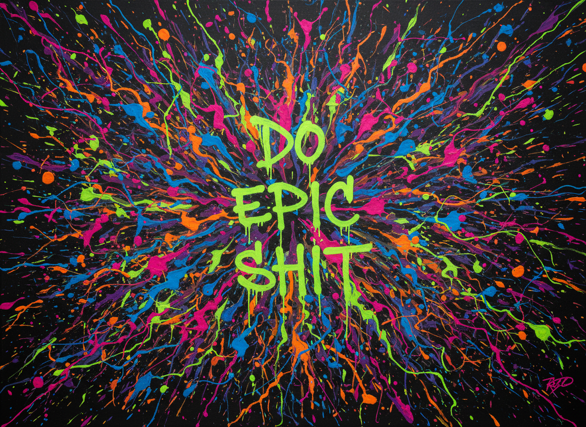 Colorful splatter art with motivational text.