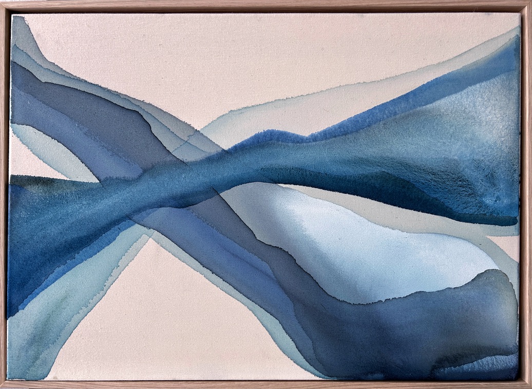 Abstract painting with blue flowing shapes.