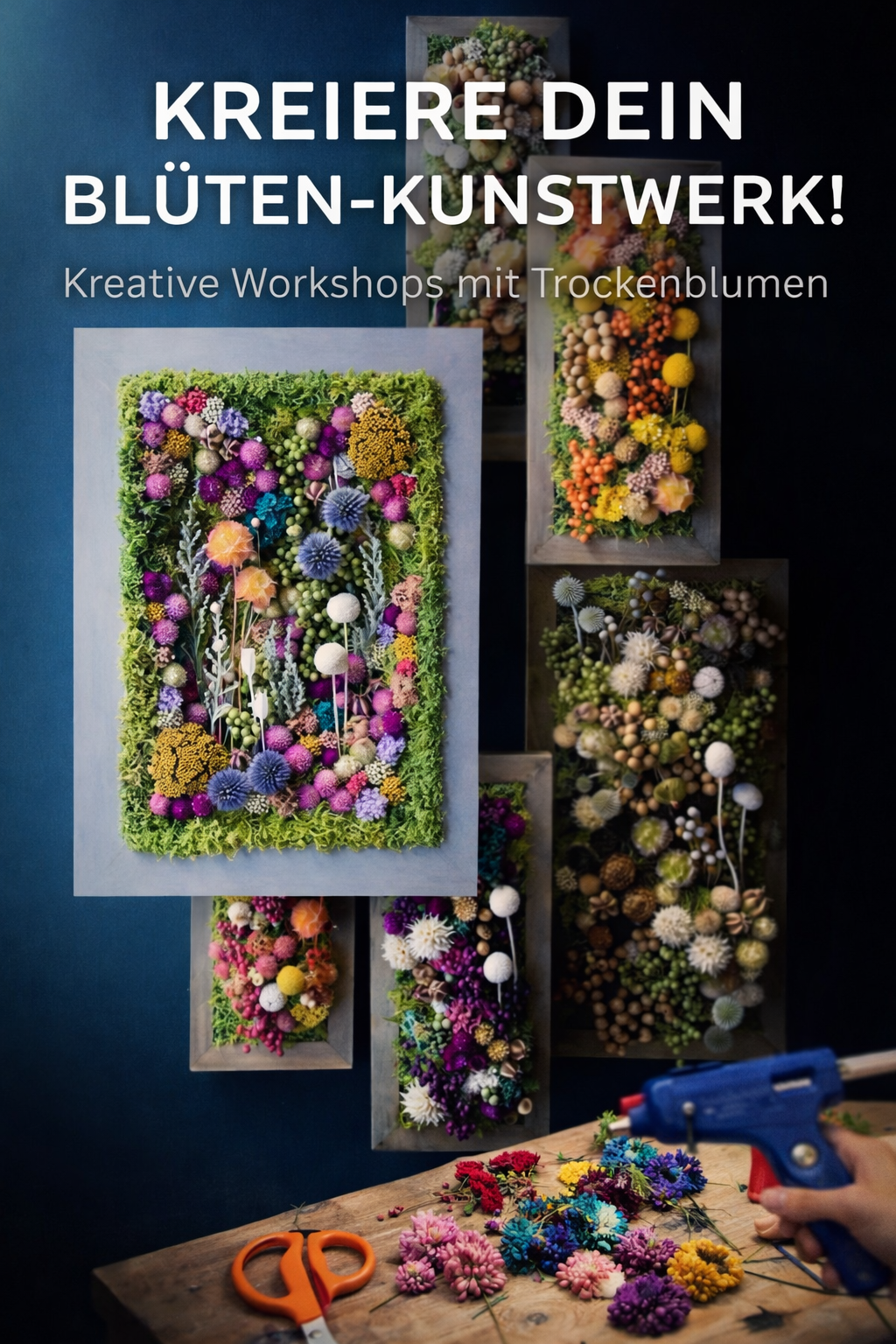 Bunte Blumenarrangements auf blauem Hintergrund.