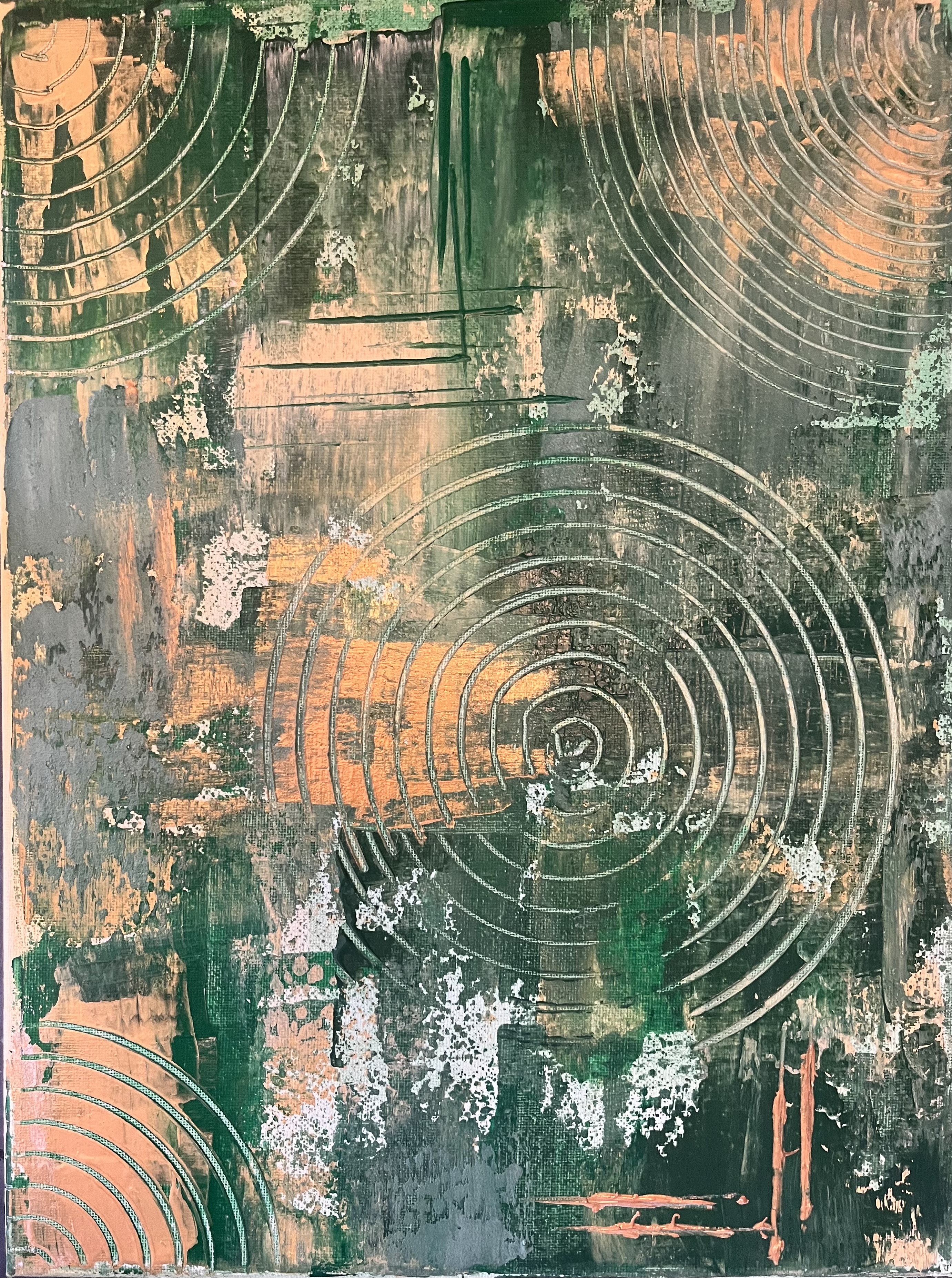 Abstract painting with circular patterns, textured surface.