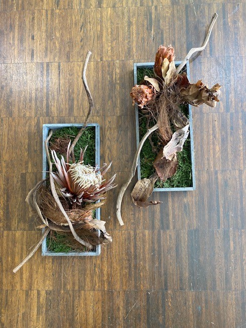 Two rectangular planters with dried floral arrangements.