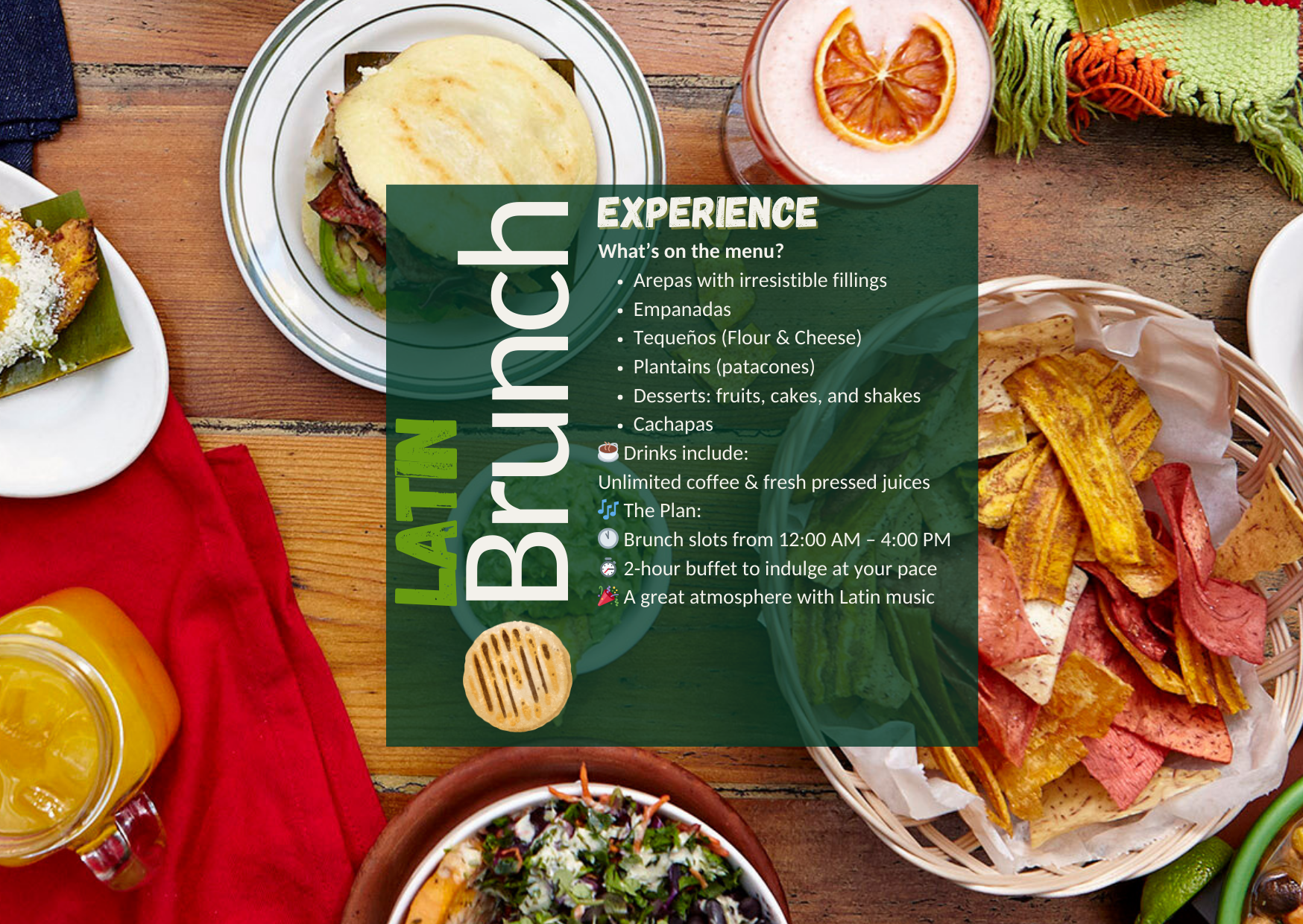Brunch menu and colorful Latin foods displayed.