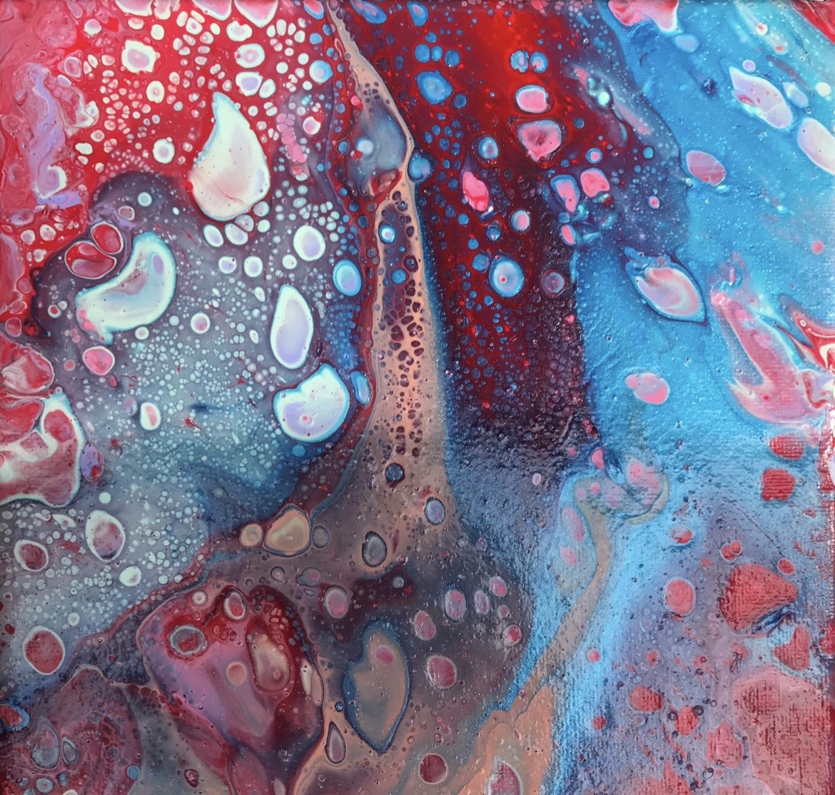 Abstract painting with red, blue, and white patterns.