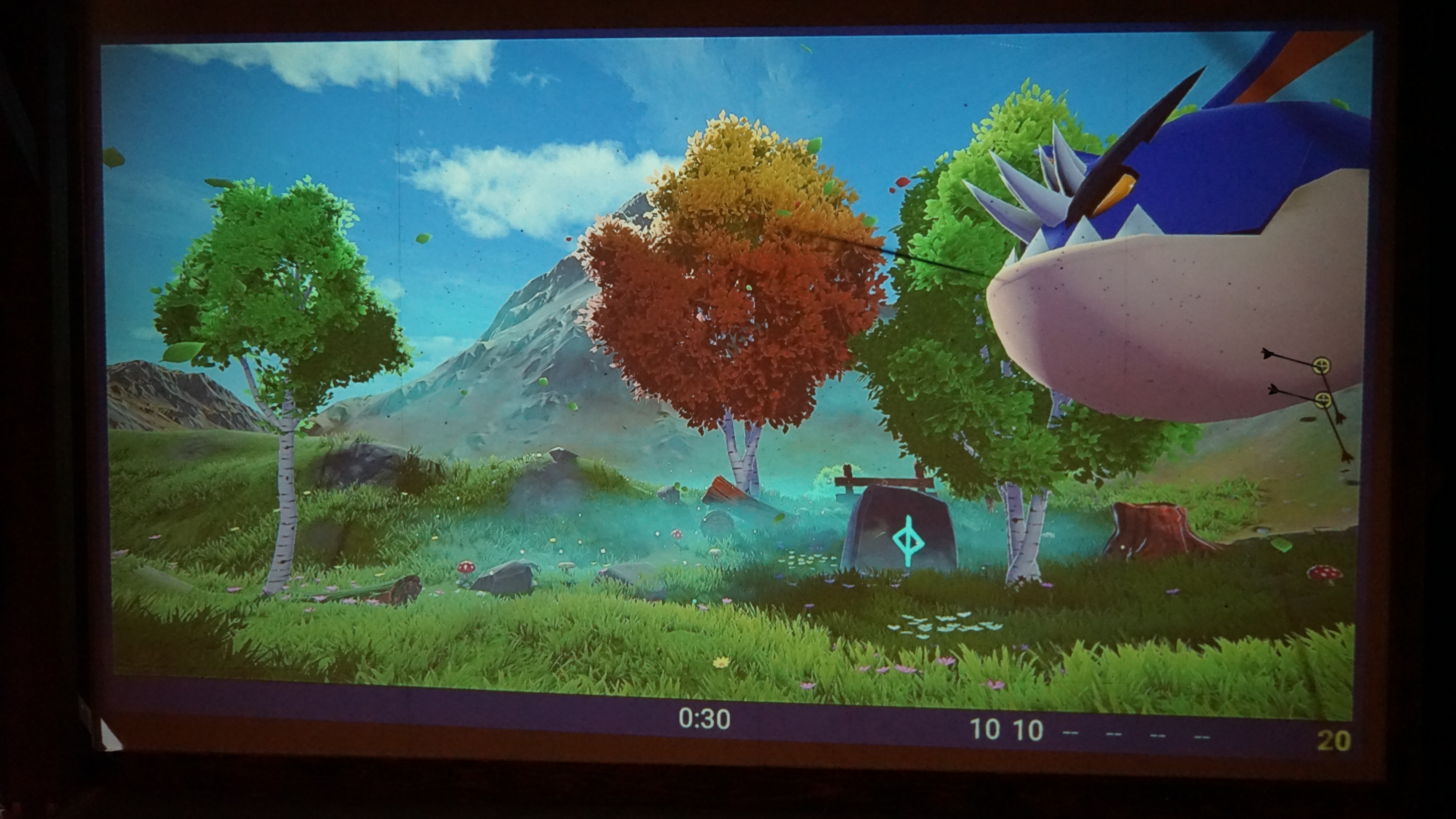 Colorful trees and creature in fantasy landscape.