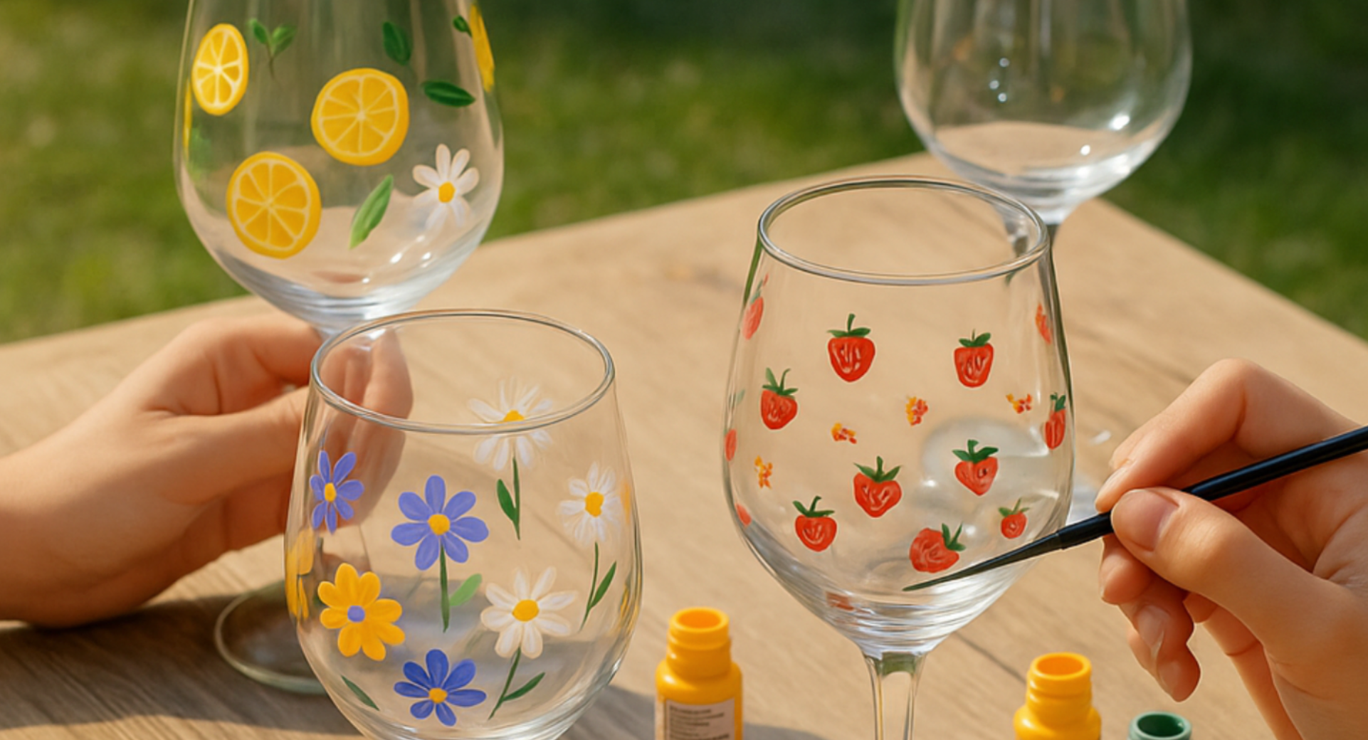 Bemalte Weingläser mit Früchten und Blumen.