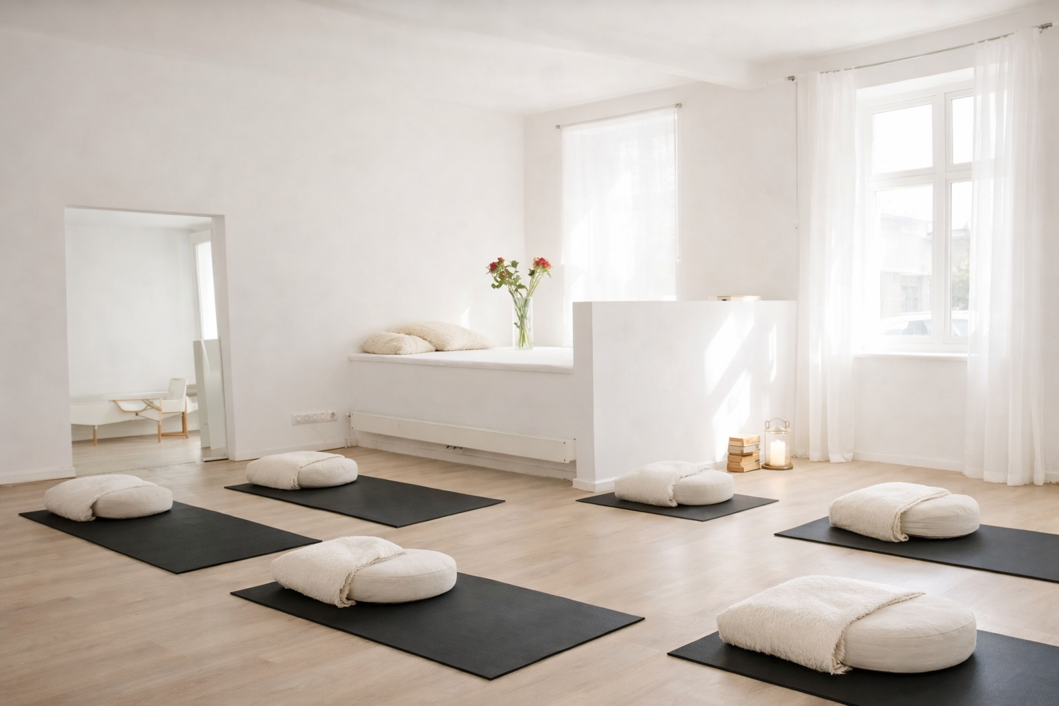 Meditationsraum mit Matten und Kissen, helle Atmosphäre.