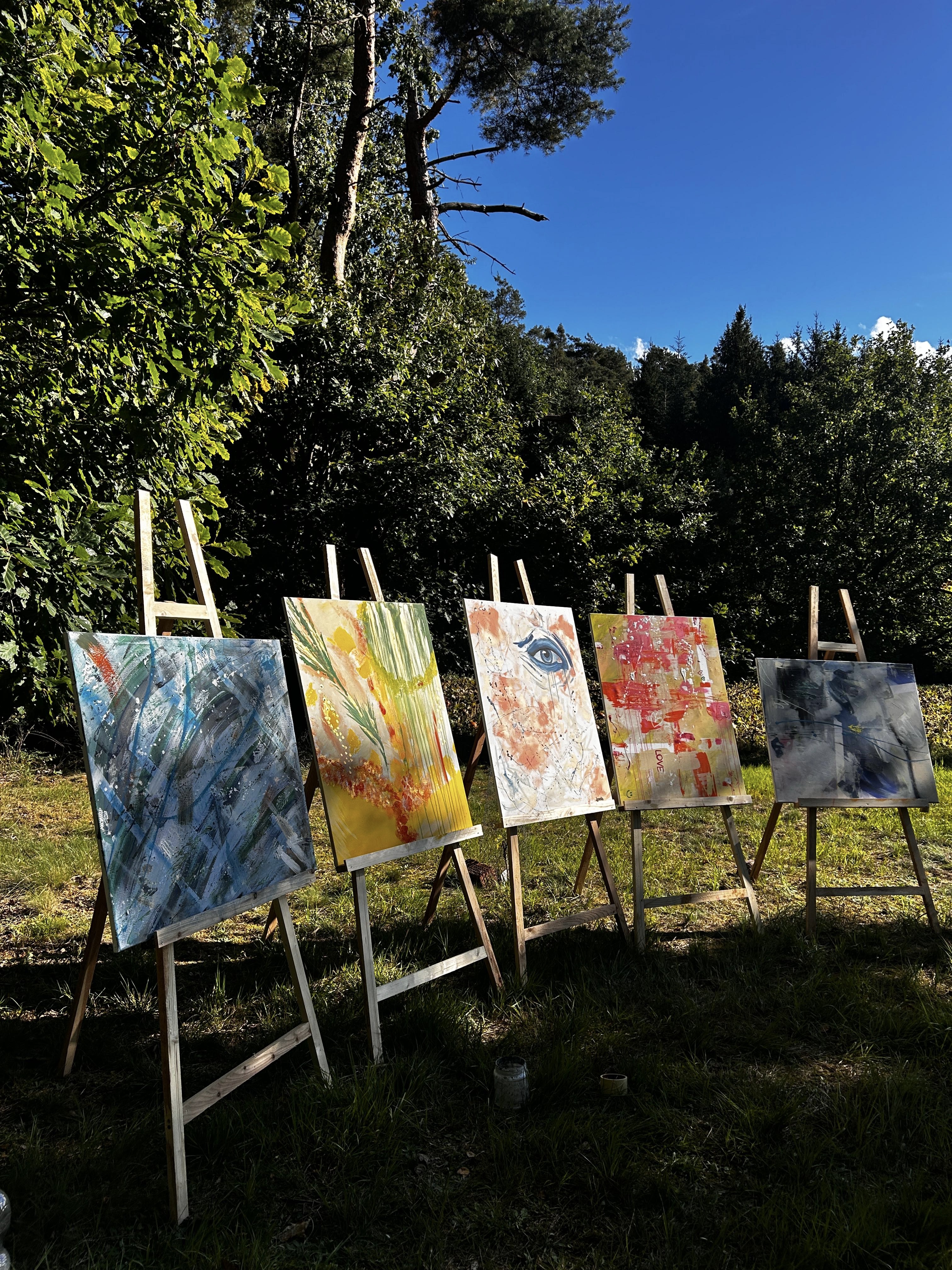 Five abstract paintings on easels outdoors.