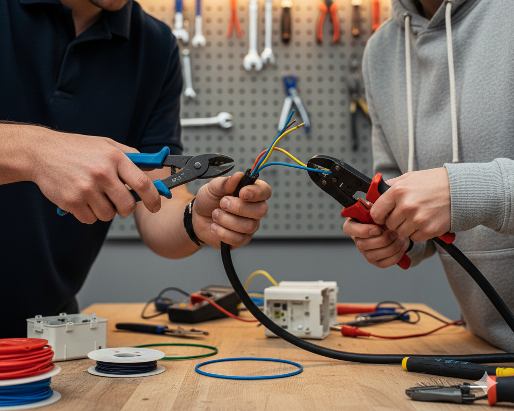 Zwei Personen verwenden Zangen an Elektrokabeln.