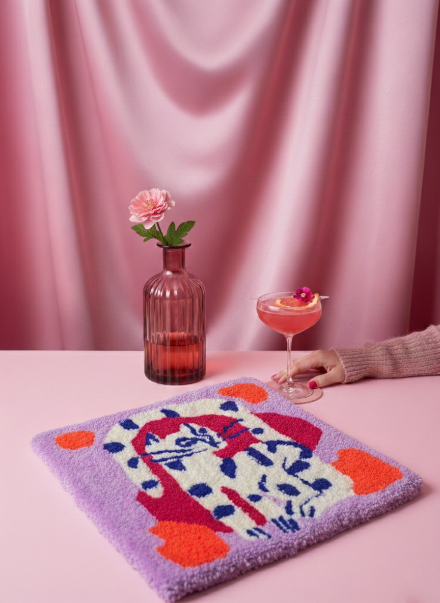 Decorative rug on pink table with drink.