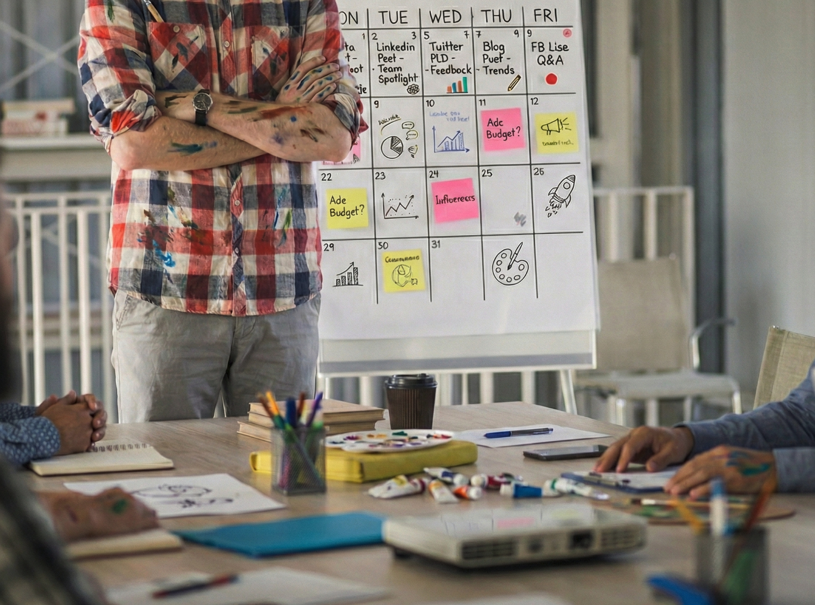 Person standing in front of illustrated planner.