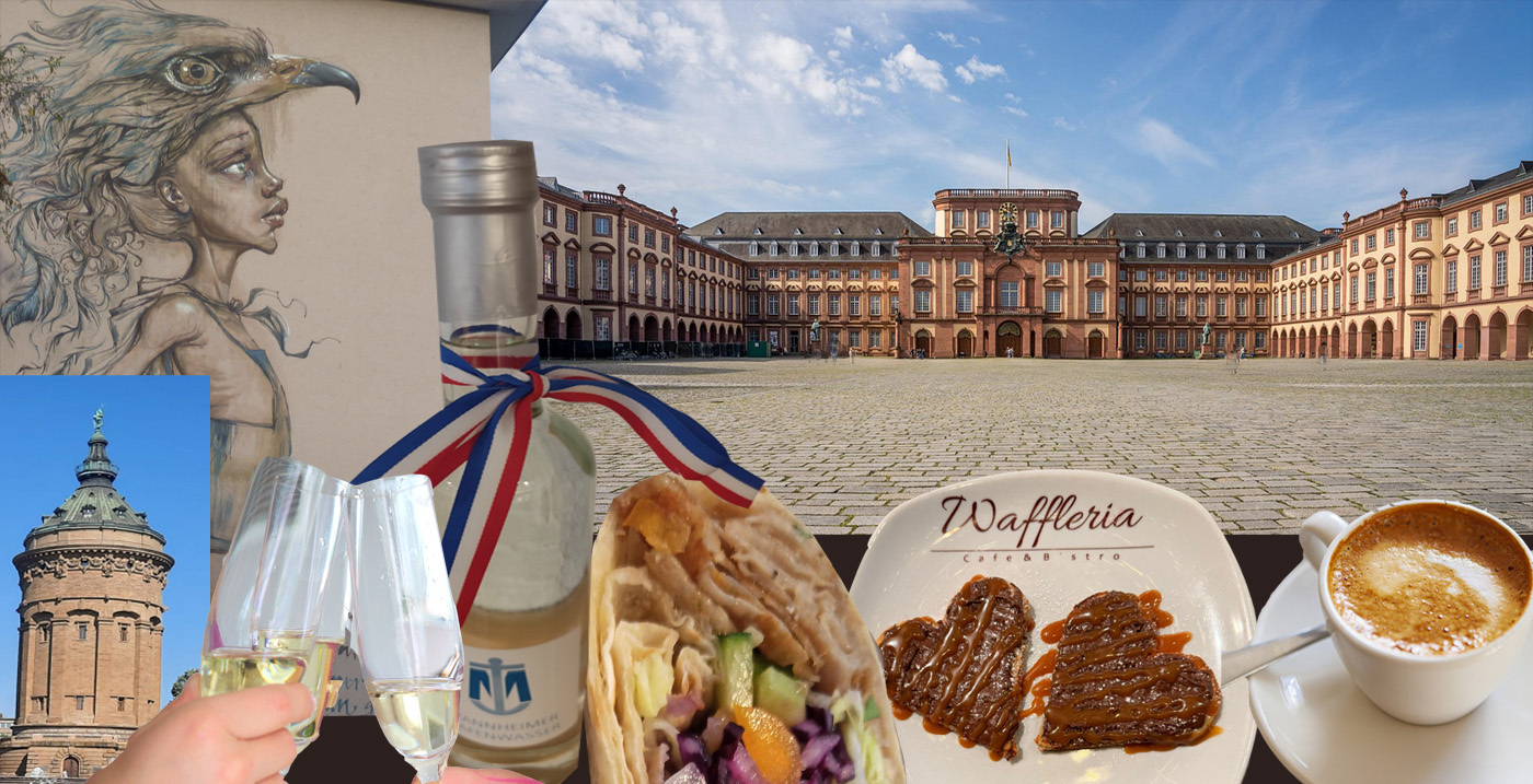 Collage: Straßenkunst, Schloss, Essen und Getränke.