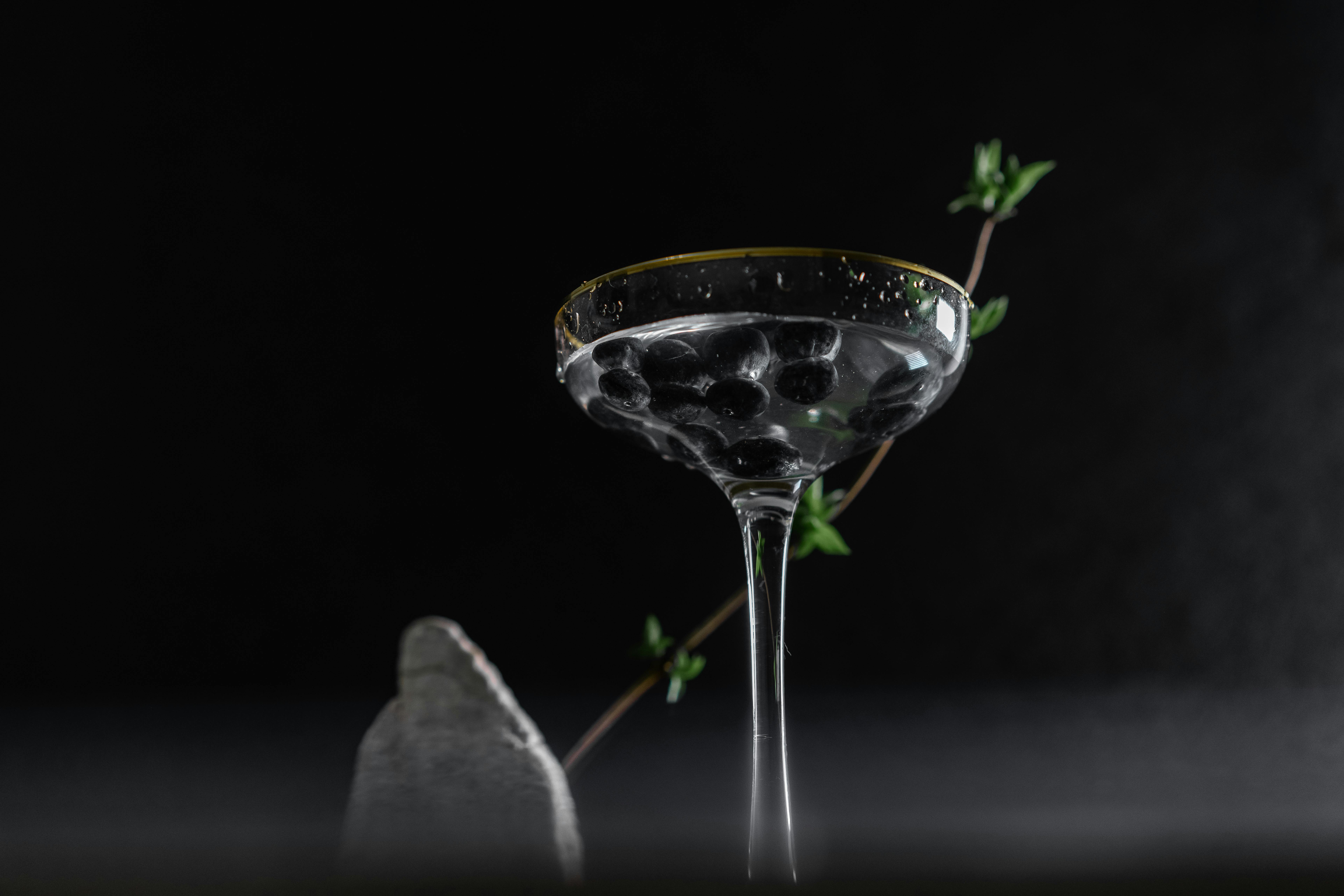 Glas mit Blaubeeren vor dunklem Hintergrund.