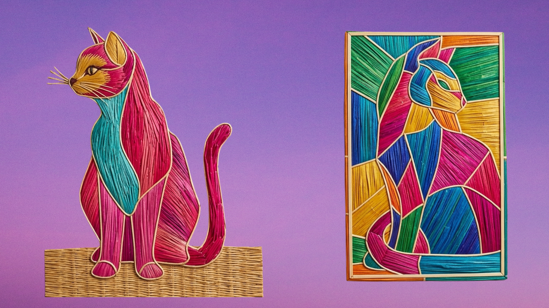 Colorful cat art, abstract style, against gradient background.