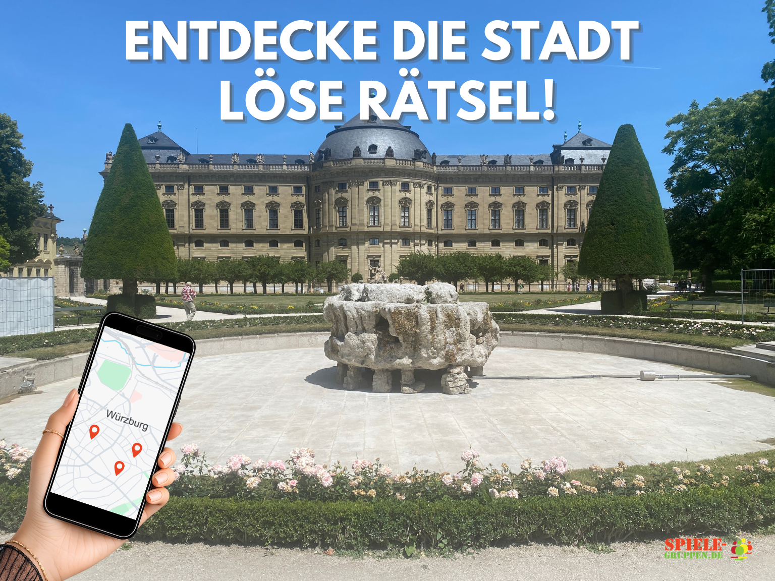 Telefonkarte mit Würzburg, Gebäude und Garten.