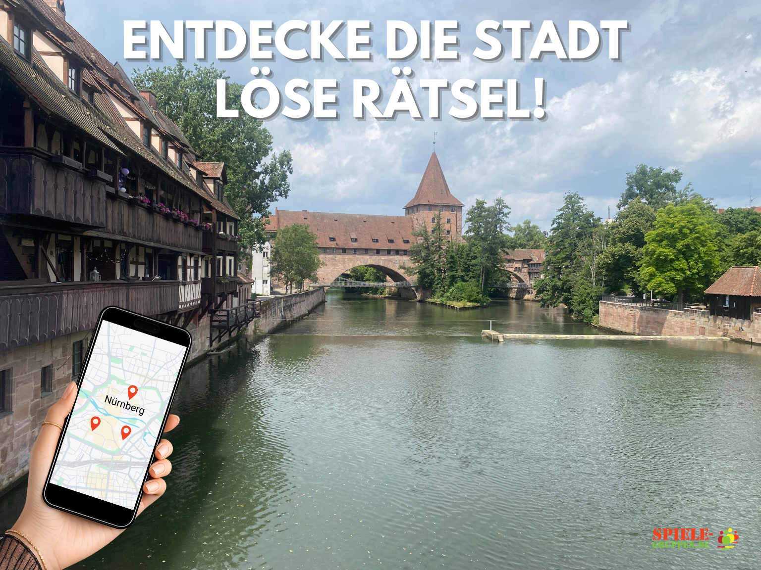 Hand holds phone with Nuremberg map near river.