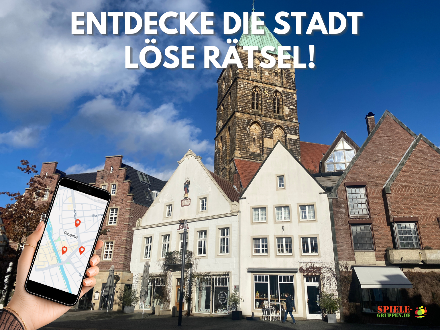 Phone displaying map in front of historic buildings.