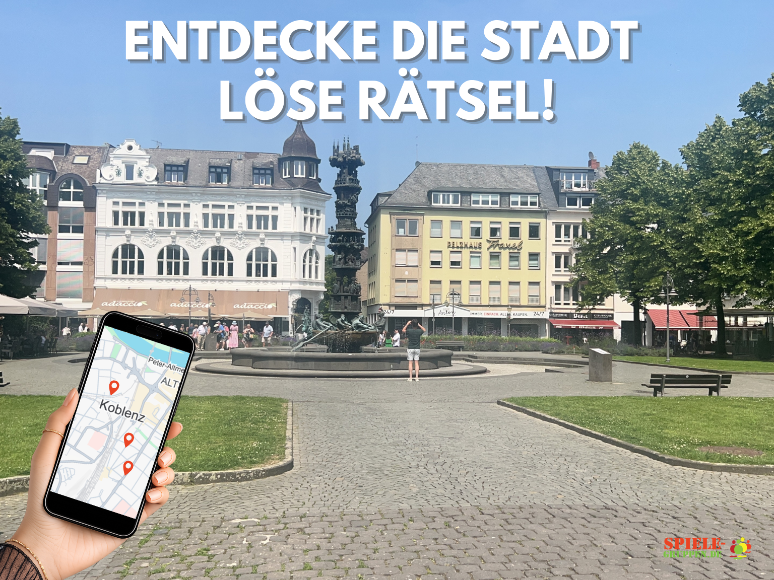 Hand hält Handy auf Stadtplatz, Koblenz-Karte.
