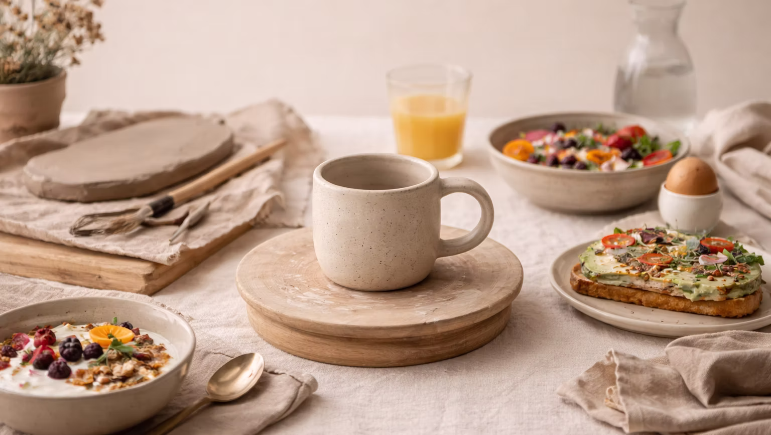 Breakfast setup with coffee, toast, and yogurt bowl.