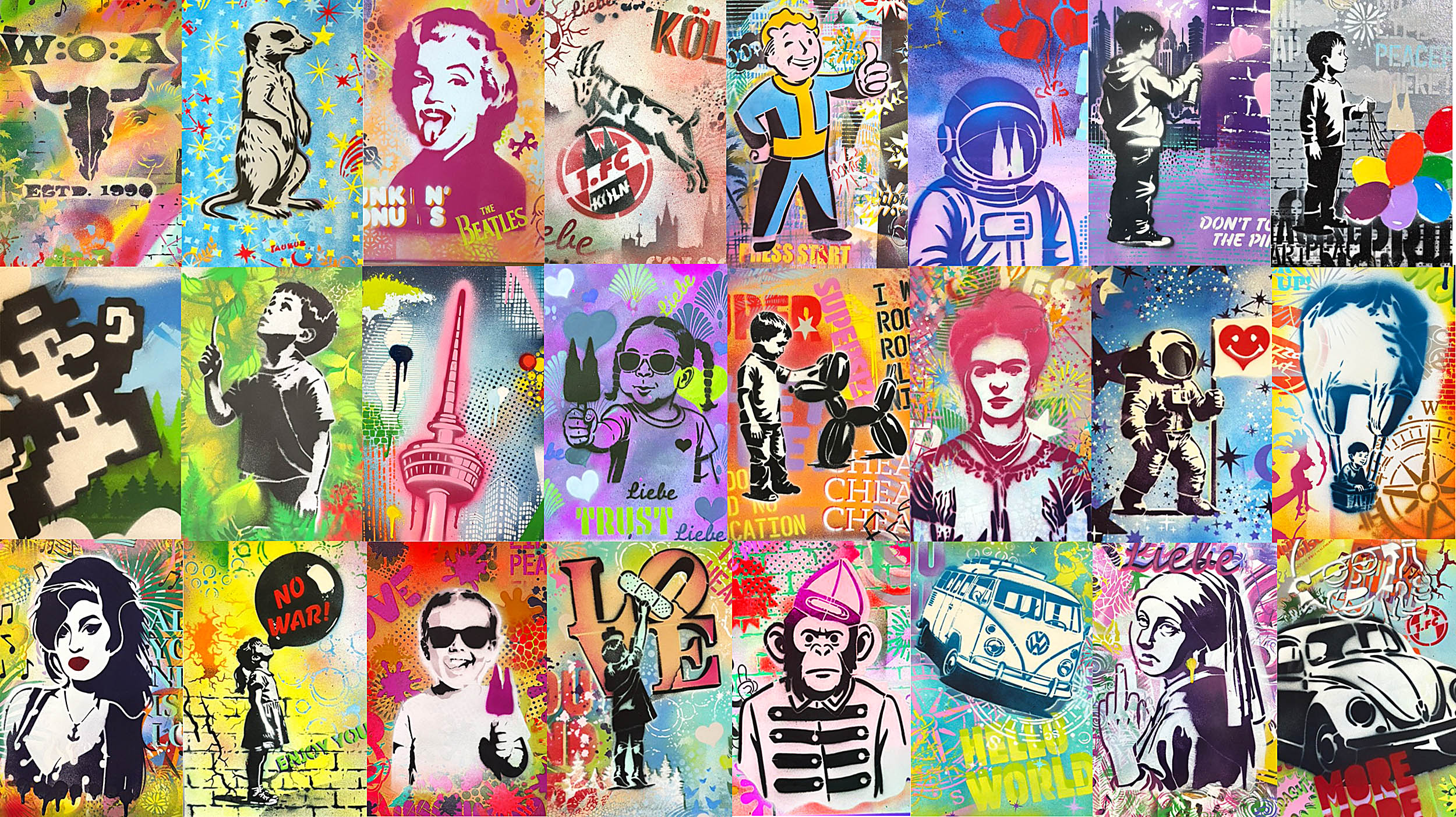 Bunte Graffiti-Wand mit verschiedenen Popkultur-Referenzen.