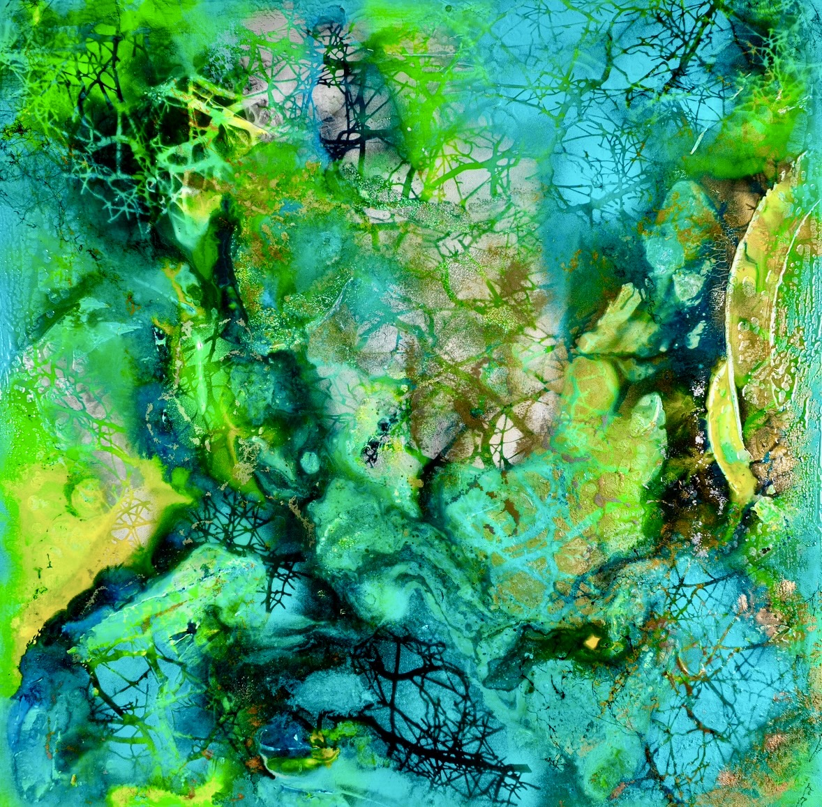 Abstraktes Gemälde mit grünen und blauen Tönen.