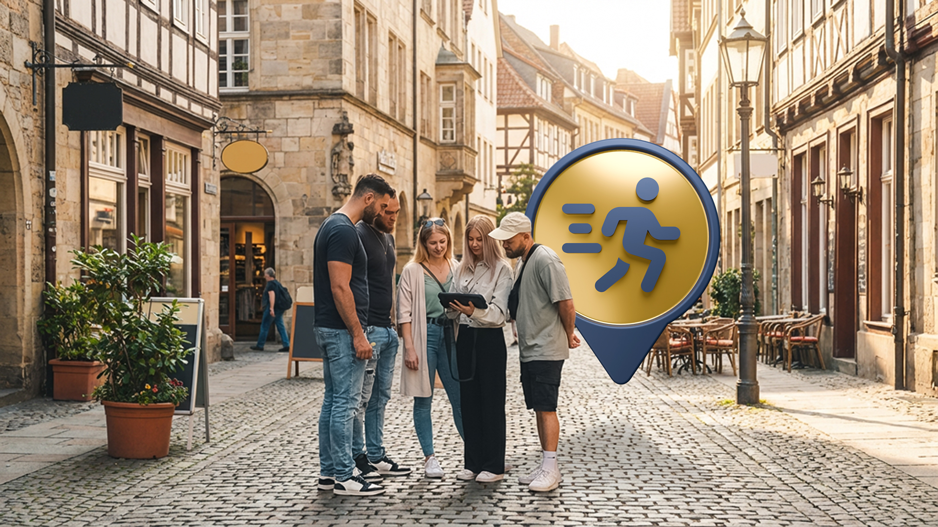 Gruppe schaut auf Gerät, Altstadtstraße.