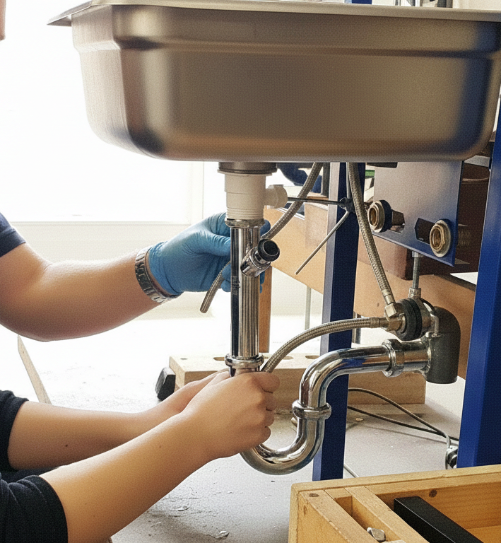Person fixing pipes under a sink.