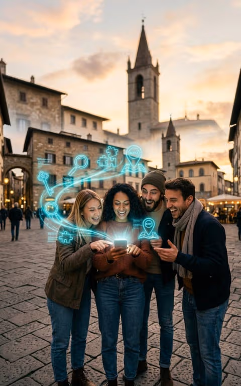 Four people smiling at a smartphone, digital graphics overlay.