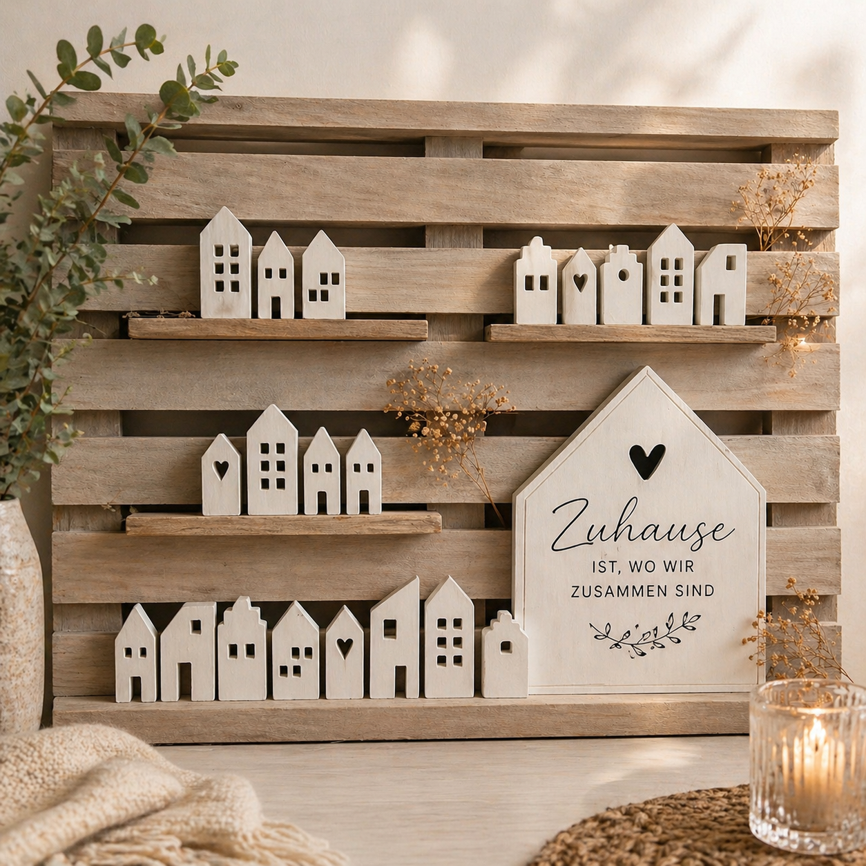 Wooden pallet with decorative white houses.