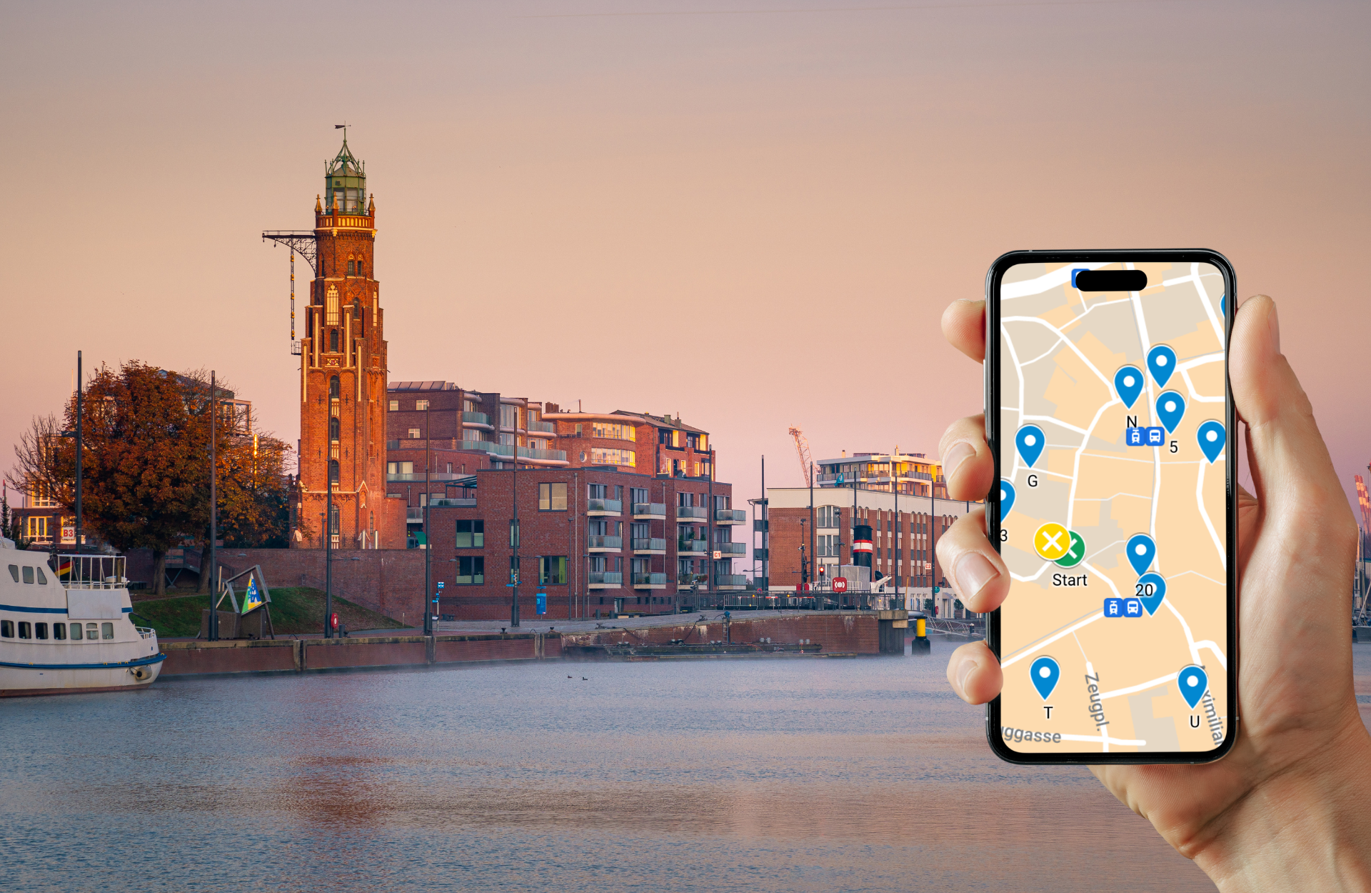 Hand hält Handy mit Karten-App, Stadtlandschaft am Wasser.