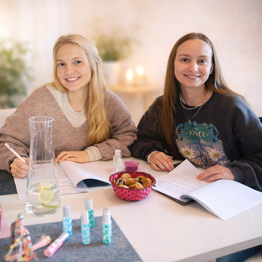 Zwei Frauen lernen zusammen an einem Tisch.