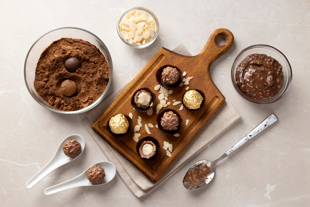 Chocolates on a wooden board with ingredients.