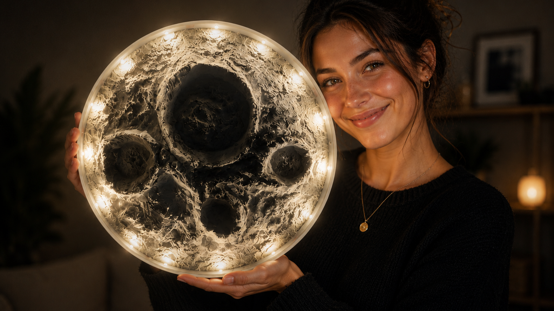 Frau hält beleuchtetes mondähnliches Kunstwerk drinnen.