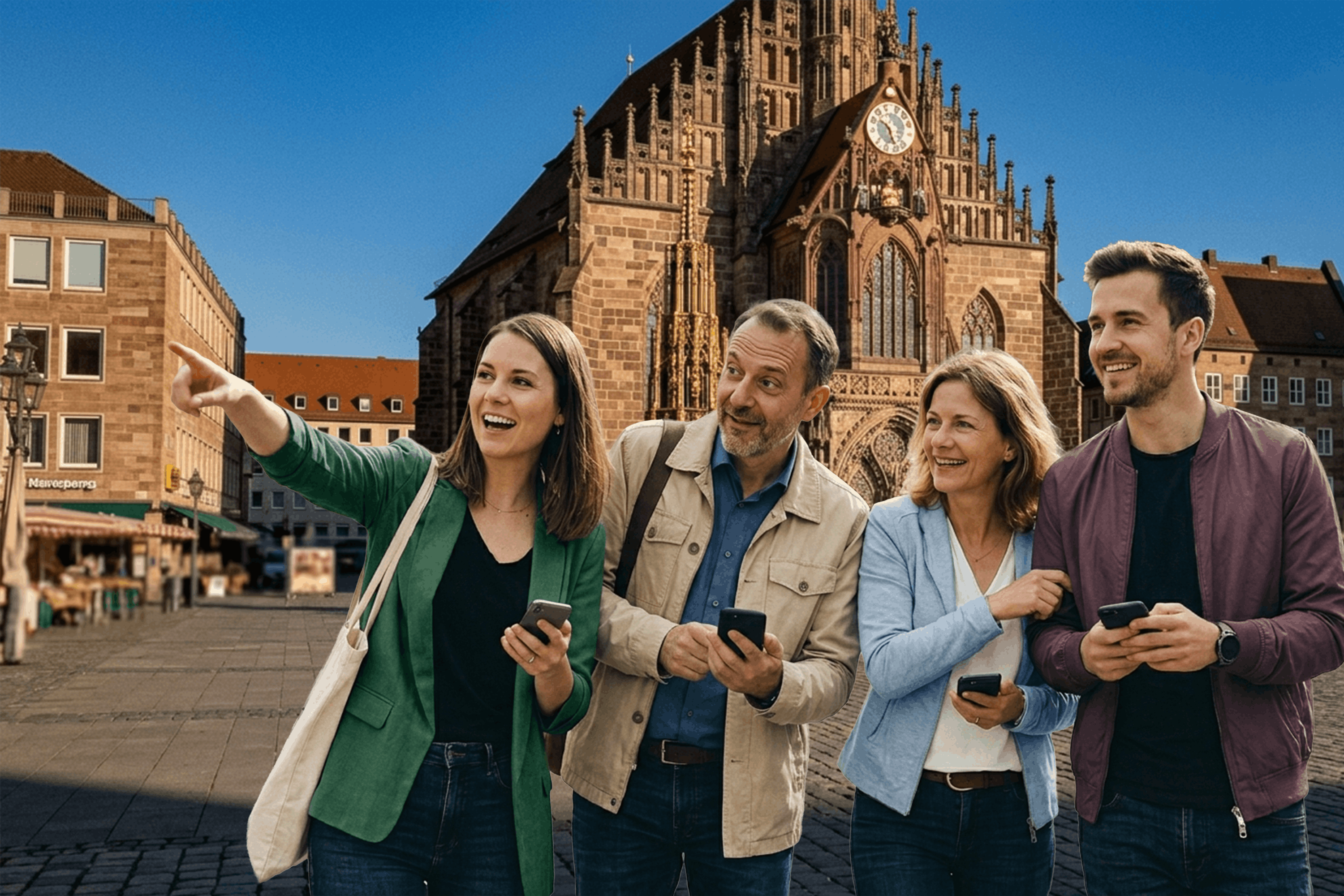 Four people with phones in front of church.