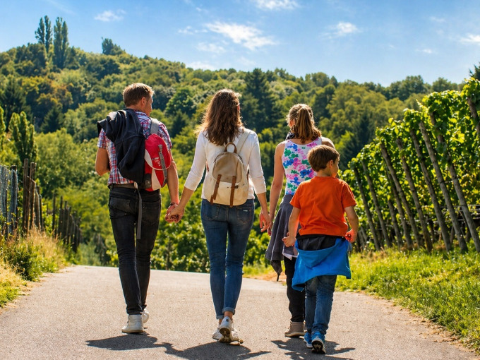 Familie spaziert Hand in Hand auf Weingutweg.