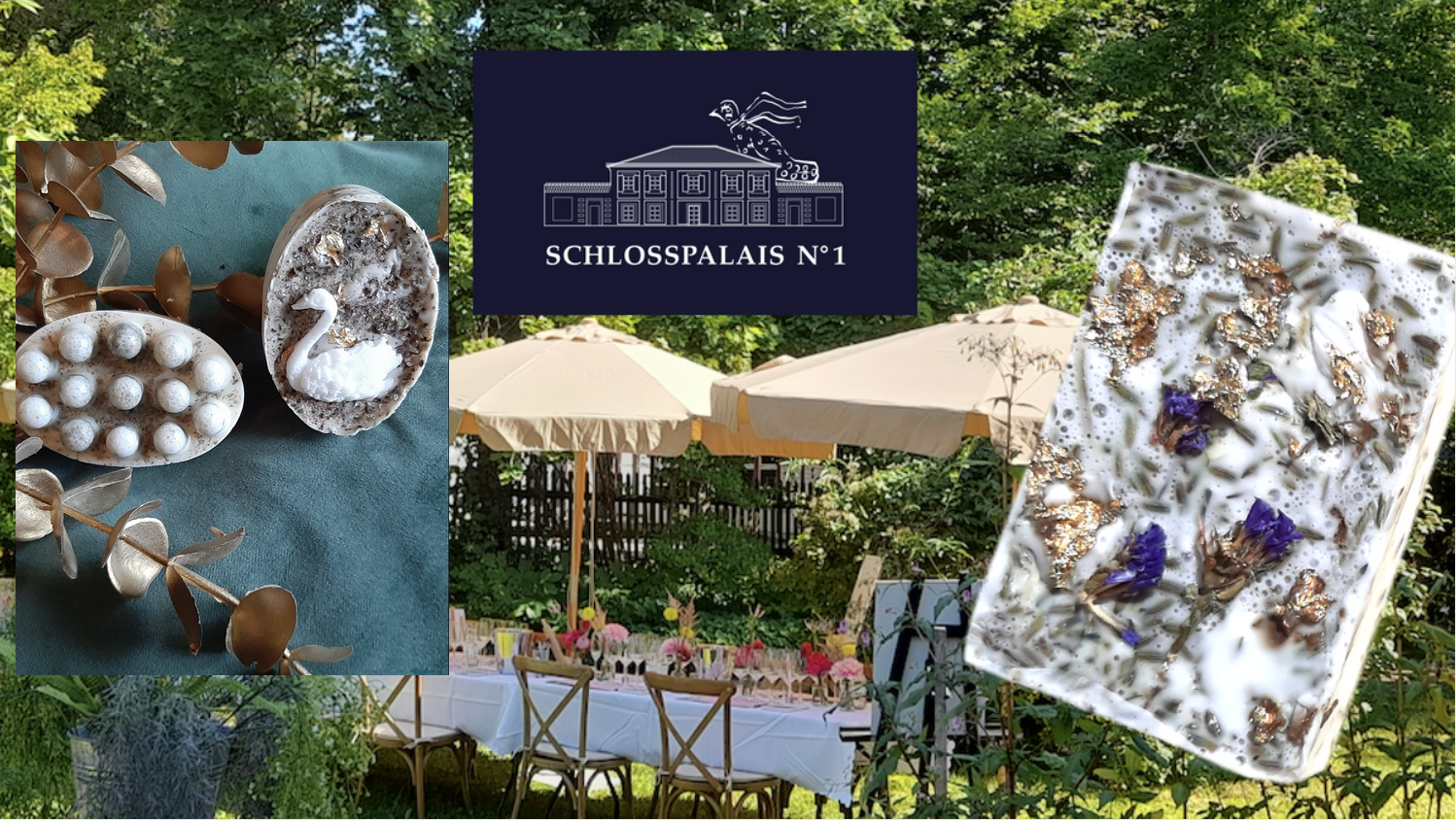 Eleganter Außentisch unter Sonnenschirmen, dekorative Gegenstände ausgestellt.
