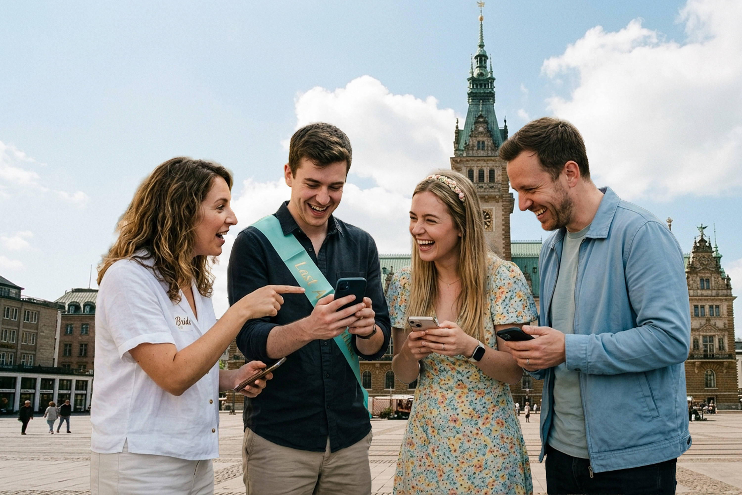 Vier Personen lachen mit Handys auf Stadtplatz.