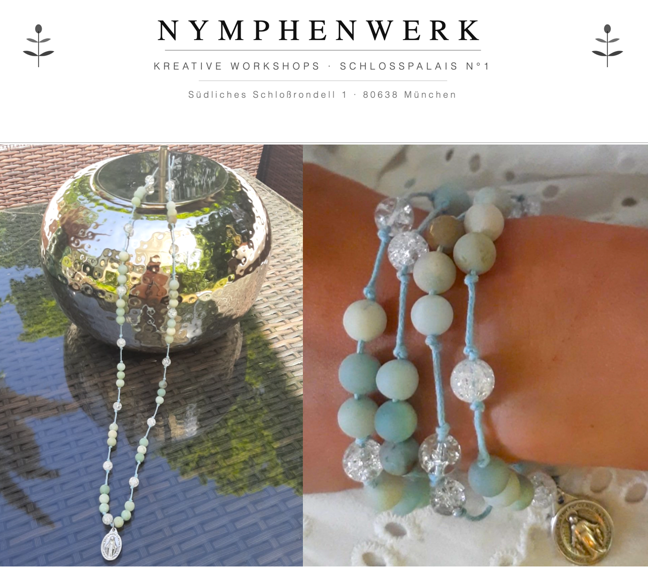 Green and clear bead necklace on a table.