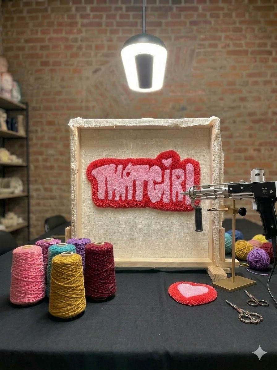 Getuftetes Kunstwerk zeigt 'THAT GIRL' mit Garnvorräten.