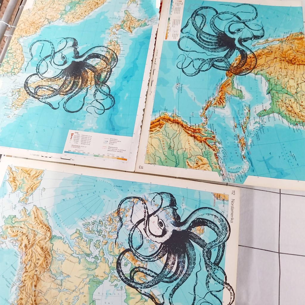 Illustration of octopus on a map.