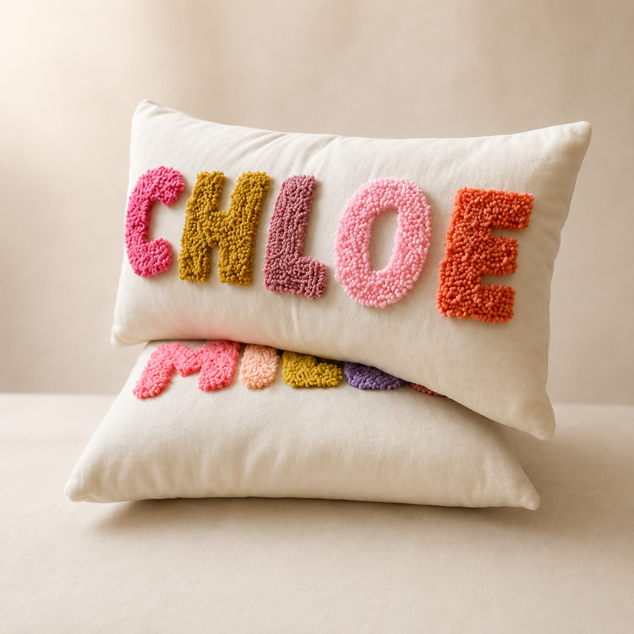 Kissen mit strukturierten Buchstaben 'CHLOE' auf Couch.